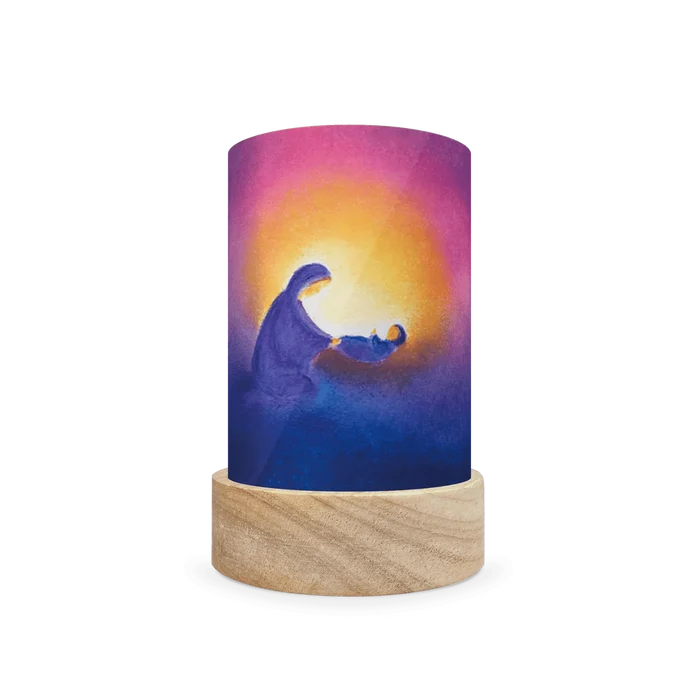 Decorative lamp with a wooden base and colorful design of Mary and Baby Jesus on a white background