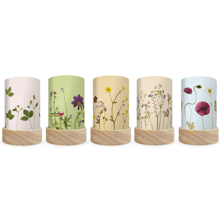 Five mini lanterns with silhouettes of pressed flowers