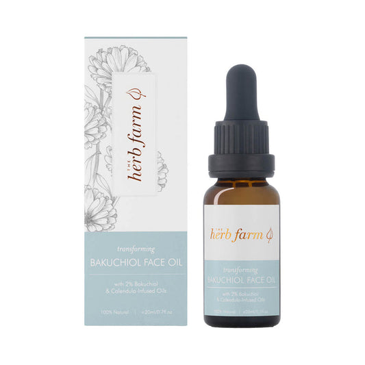 20ml dropper bottle The Herb Farm Transforming Bakuchiol Face Oil with 2% bakuchiol and calendula-infused oils.