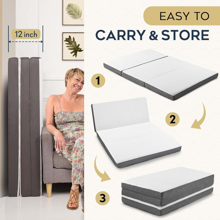 Tri-Fold Cot Mattress – Memory Foam Portable Camping & Guest Bed