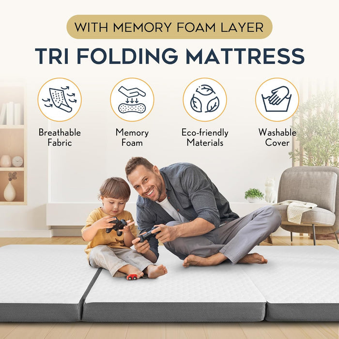 Tri-Fold Cot Mattress – Memory Foam Portable Camping & Guest Bed
