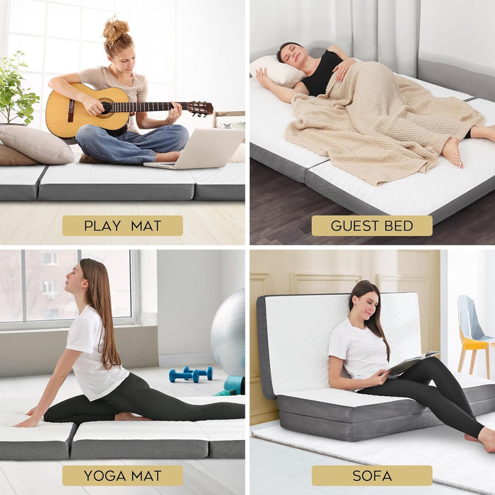 Tri-Fold Queen Memory Foam Mattress – Foldable Guest Bed with Washable Cover