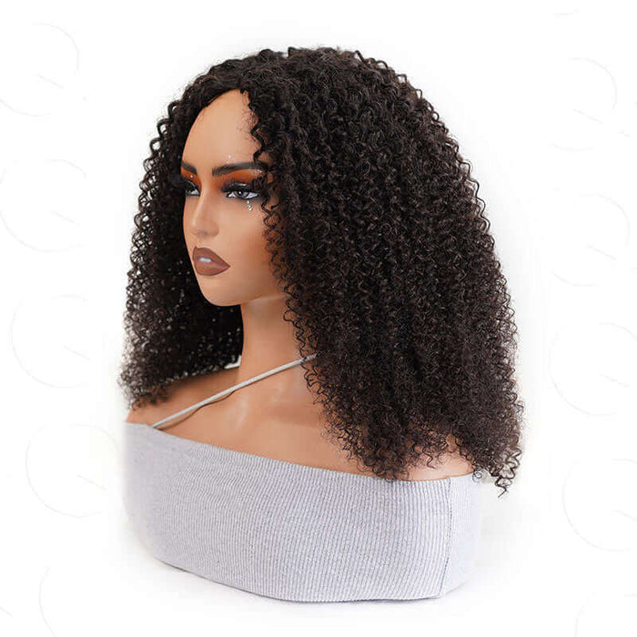 kinky curly v part human hair wig on wig stand right side views