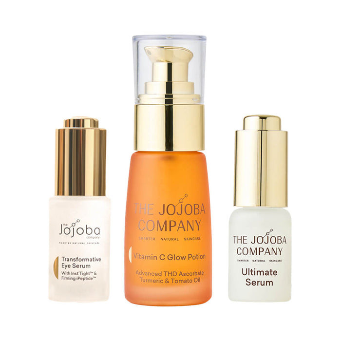 The Jojoba Company Vitamin C Glow Potion Kit, includes Transformative Eye Serum, Vitamin C Glow Potion, and Ultimate Serum.
