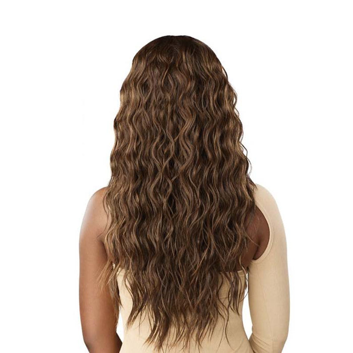 OUTRE long wavy brown wig with subtle highlights shown from back melted hairline front wig natural look