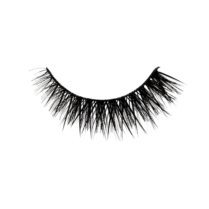 A mini flared lash with full volume and short length, featuring a dense base, tapered ends, and a subtle cat-eye flare.