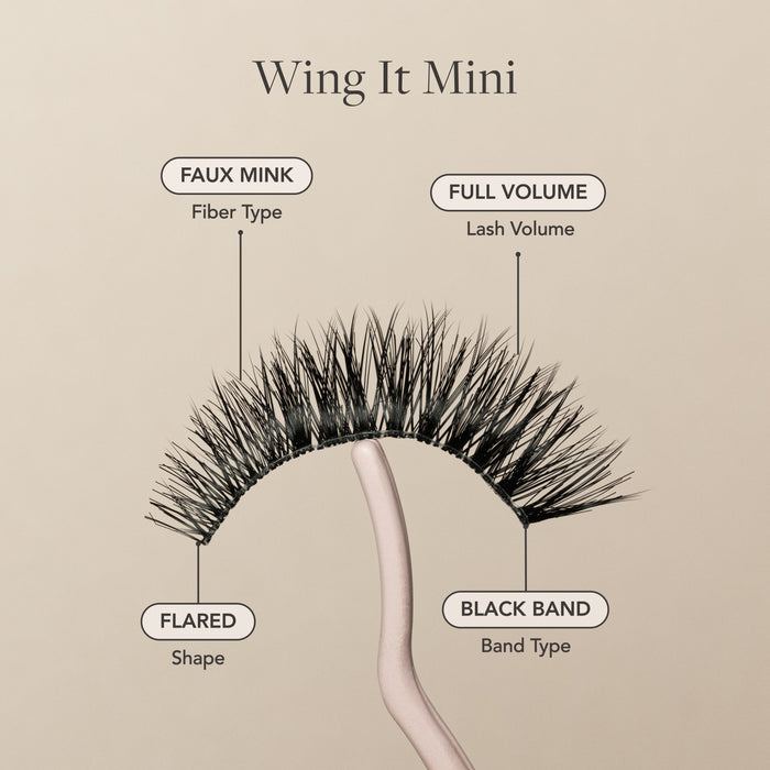 Wing It Mini mini flared lash with full volume and short length, featuring a dense base, tapered ends, and a subtle cat-eye flare.
