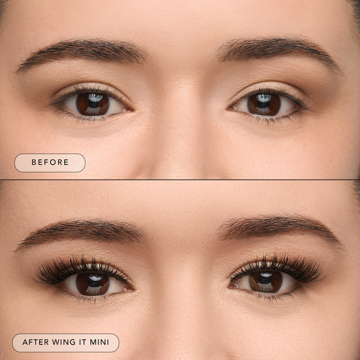 Before and after of a model wearing Wing It Mini lashes.
